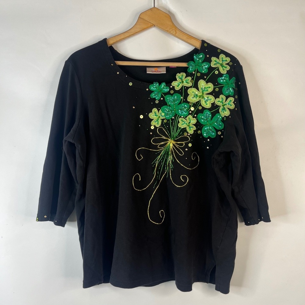 Quacker Factory Top Women 1X Black St Patricks Day Shamrock Sequin 3/4 Sleeve